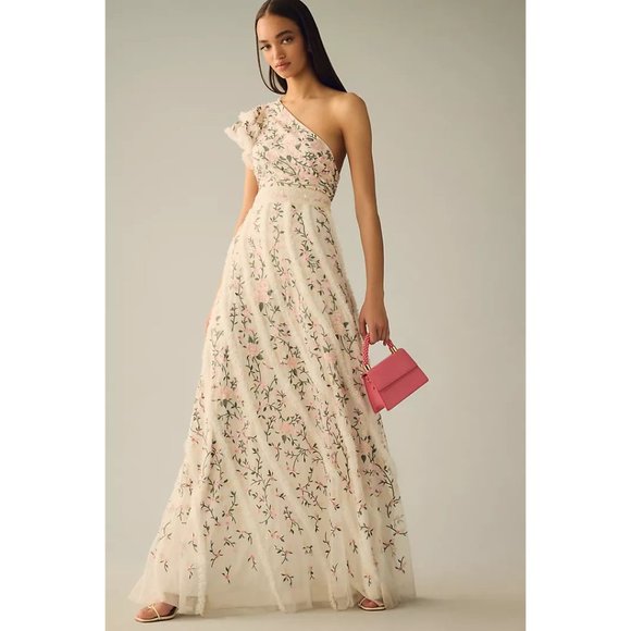 MAC DUGGAL Floral Embroidered Ruffle One-Shoulder Gown in Ivory Size US 6 - Picture 2 of 16